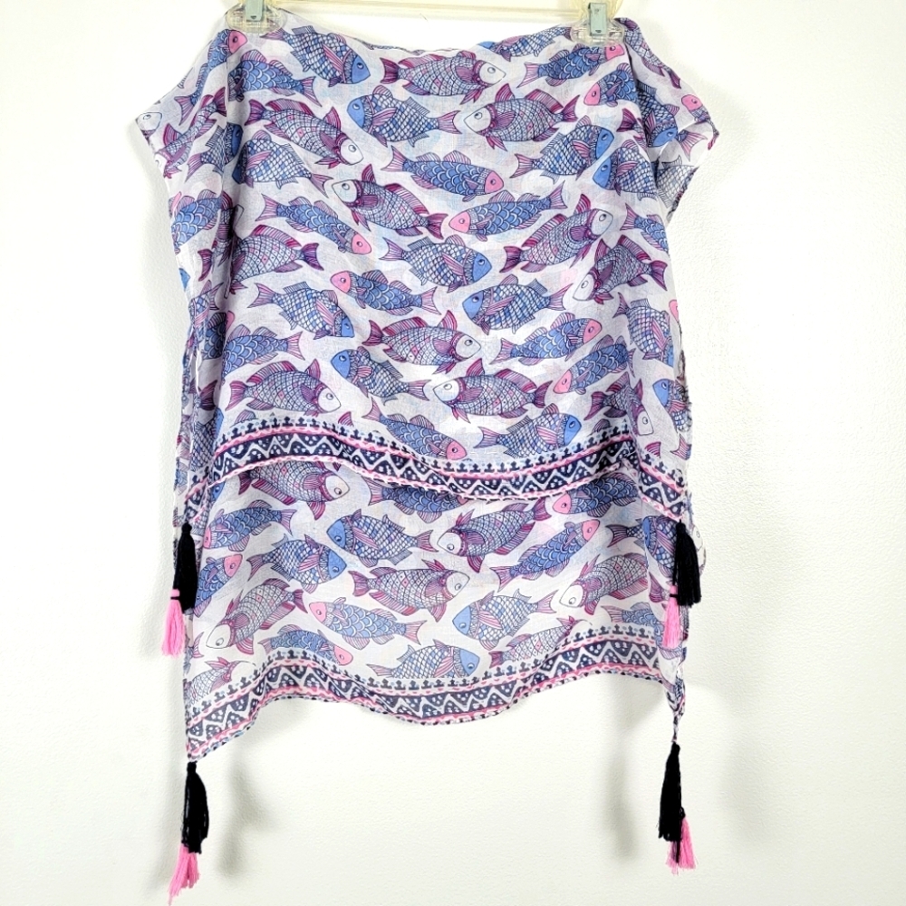 Charming Charlie Fish Pattern Sheer Scarf with Tassels 21" W X 72" L
